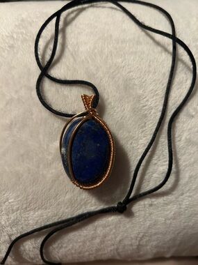 Lapis-Style Blue Stone Pendant Necklace with Copper Wire Wrap